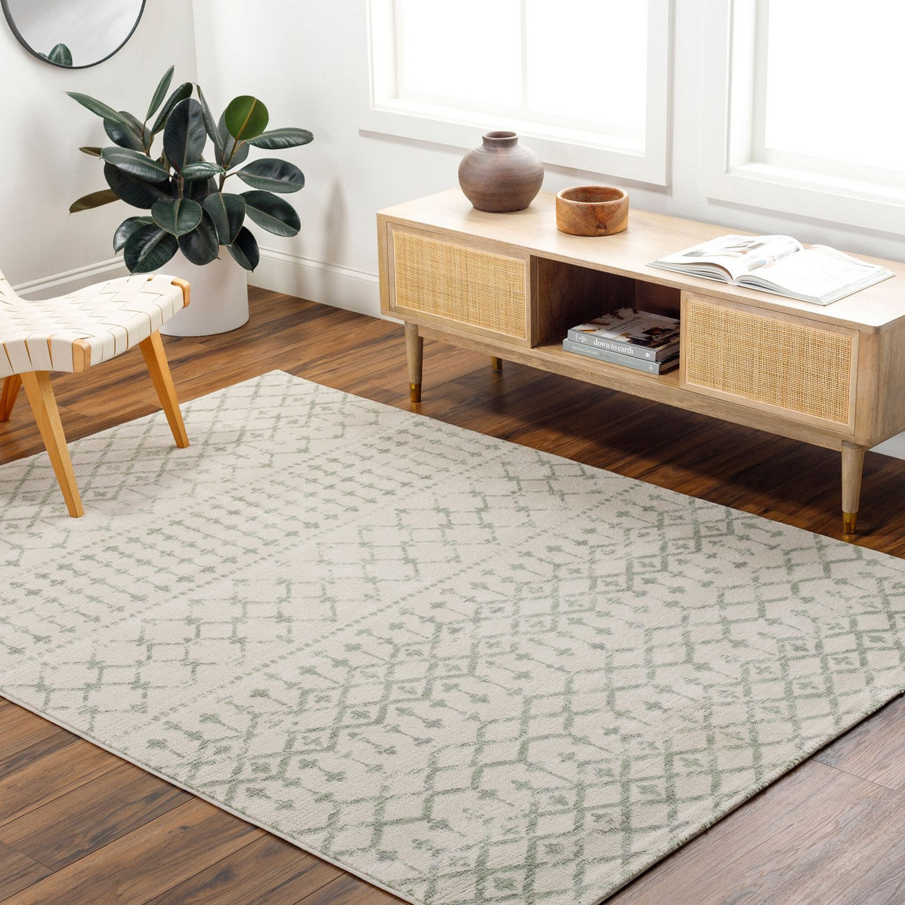 TARYN Berber High Pile Geometric Sage Area Rug Roomscene