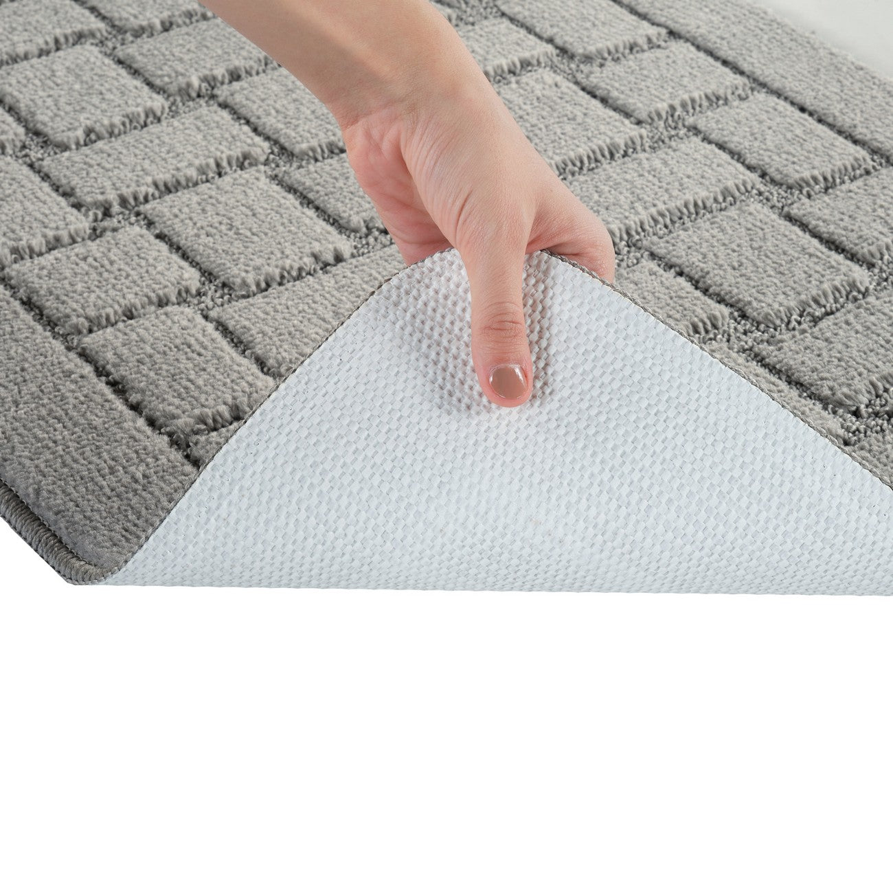 TEGAN 2 Piece Machine Washable Non-Slip Light Grey Bathroom Rug Set Detail