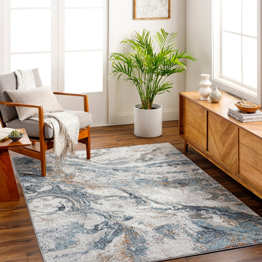 TENITA Abstract Modern Marble Sky Blue Area Rug Roomscene