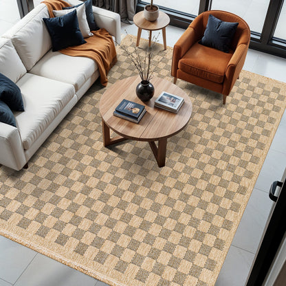 TORI Indoor & Outdoor Cottage Jute-Look Light Brown/Black Checkered Area Rug Roomscene