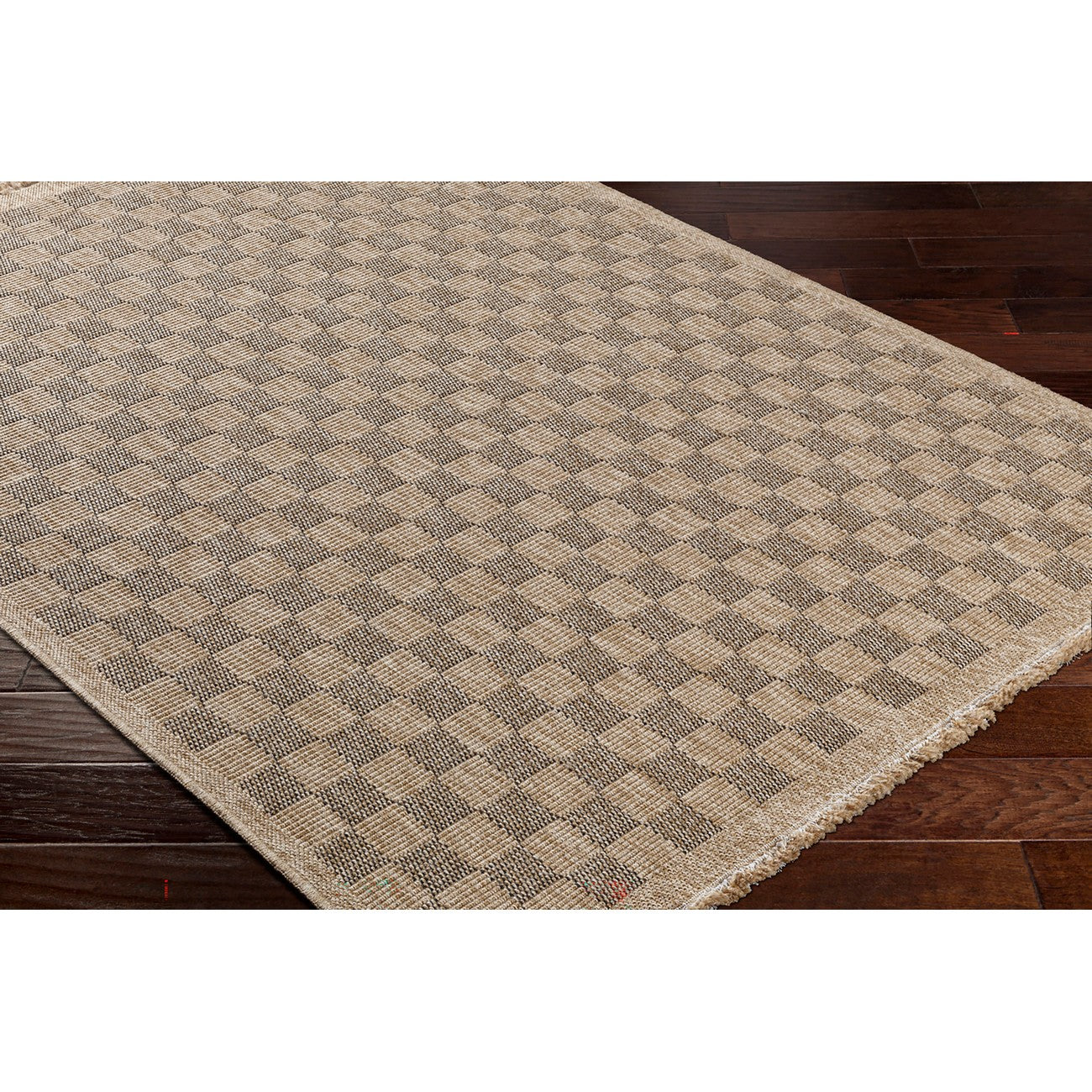 TORI Indoor & Outdoor Cottage Jute-Look Light Brown/Black Checkered Area Rug Corner
