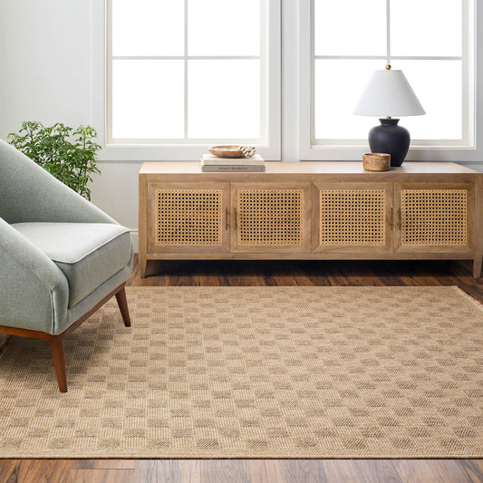 TORI Indoor & Outdoor Cottage Jute-Look Light Brown Checkered Area Rug Roomscene