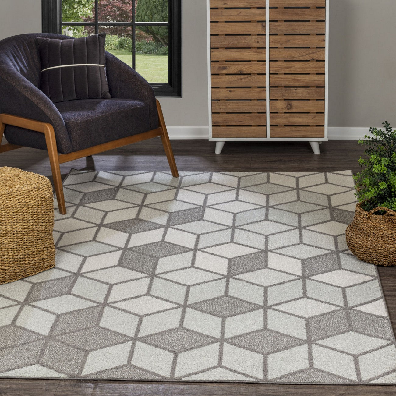 UNITY Scandi Geometric Grey Area Rug Roomscene
