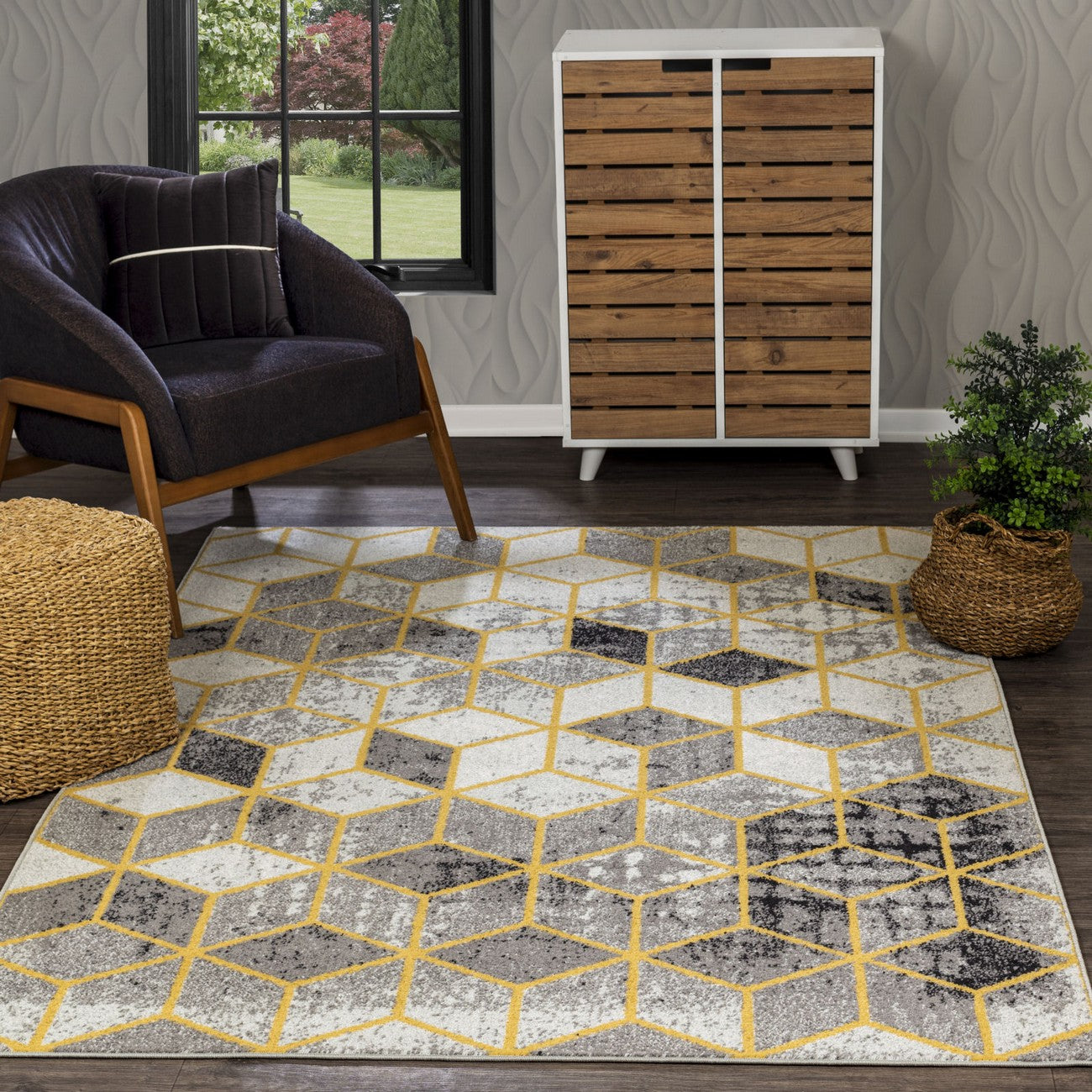 UNITY Scandi Geometric Yellow Area Rug Roomscene
