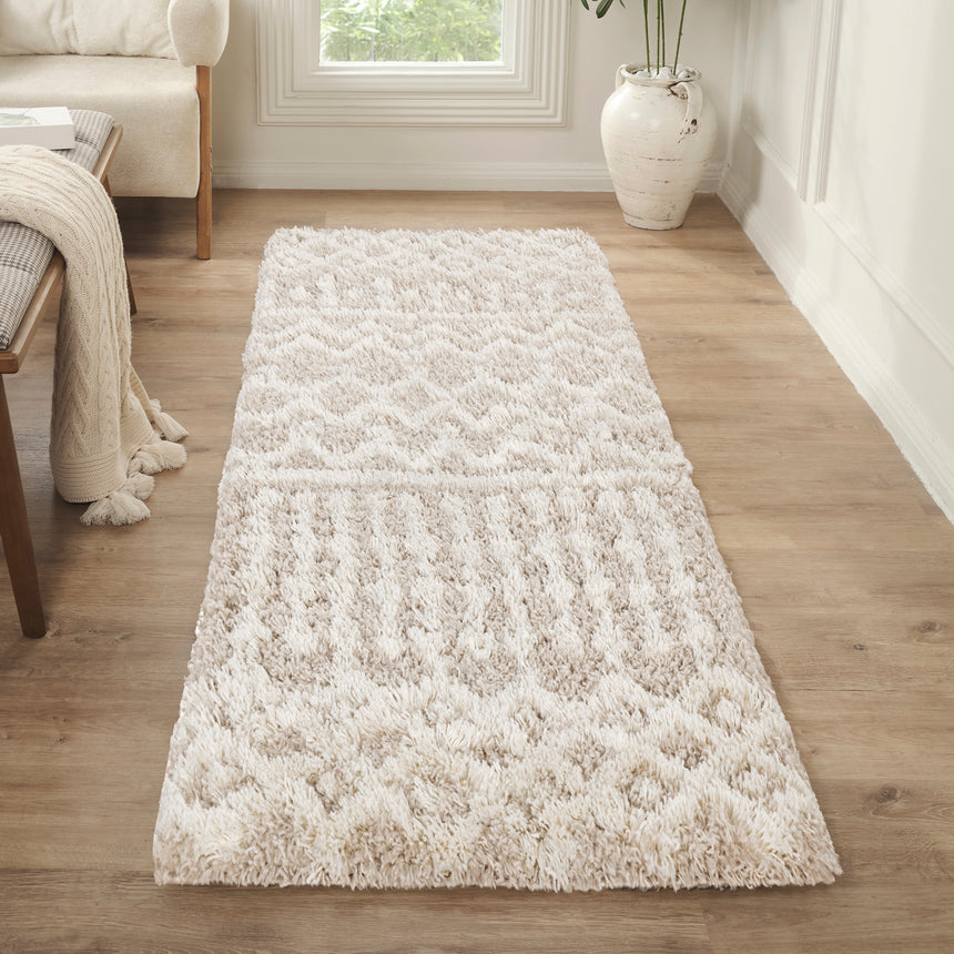 Nour Shaggy Geometric Plush Pile Cream Beige Rug