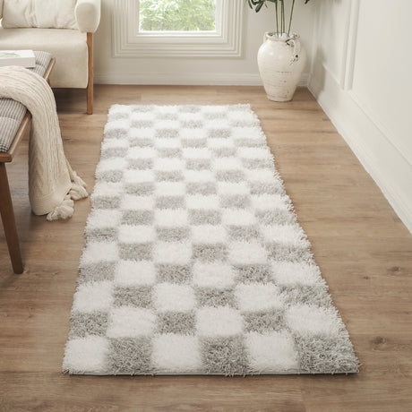 Willa Shaggy Modern Plush Pile Light Grey Checkered Rug - Image 2