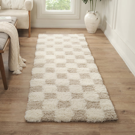 Willa Shaggy Modern Plush Pile Light Beige Checkered Rug - Image 2