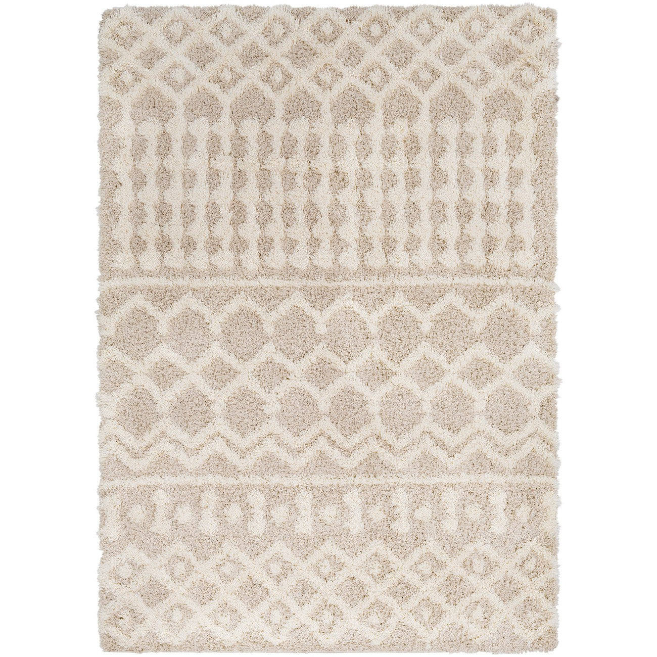 NOUR Shaggy Geometric Plush Pile Cream Beige Area Rug Flat
