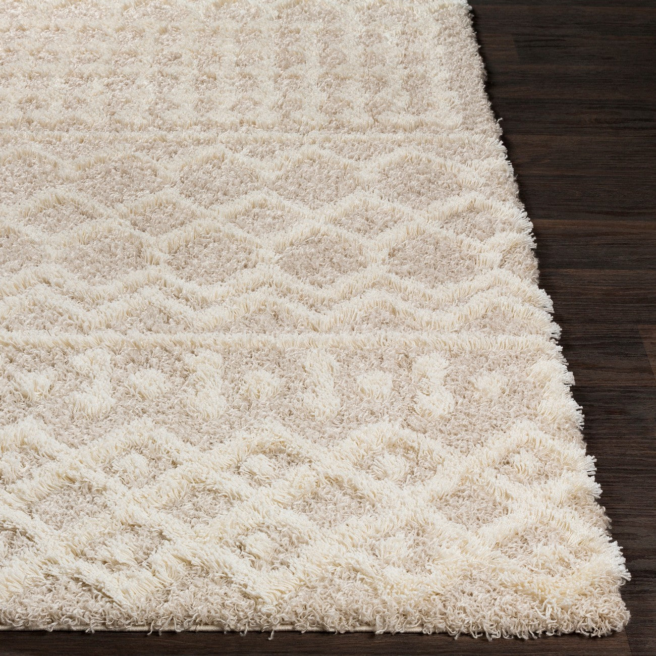 NOUR Shaggy Geometric Plush Pile Cream Beige Area Rug Front