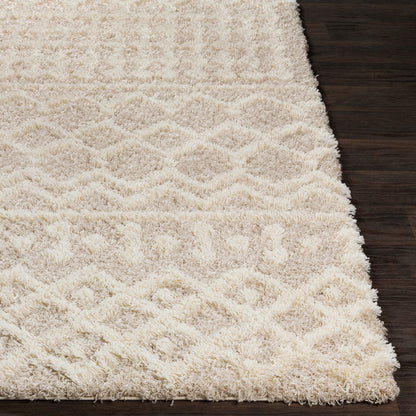 NOUR Shaggy Geometric Plush Pile Cream Beige Area Rug Front