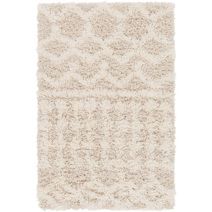 NOUR Shaggy Geometric Plush Pile Cream Beige Area Rug Flat