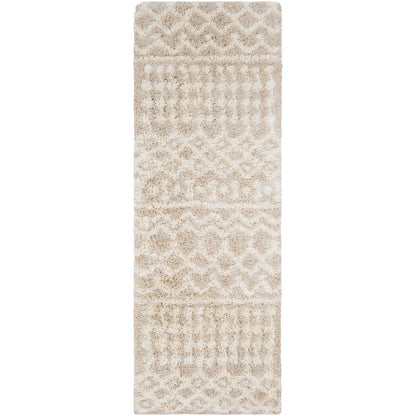 NOUR Shaggy Geometric Plush Pile Cream Beige Area Rug Flat