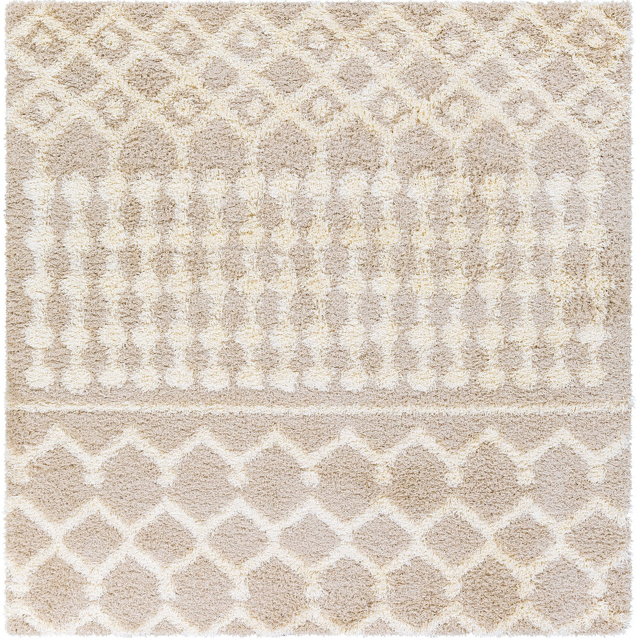 NOUR Shaggy Geometric Plush Pile Cream Beige Area Rug Flat
