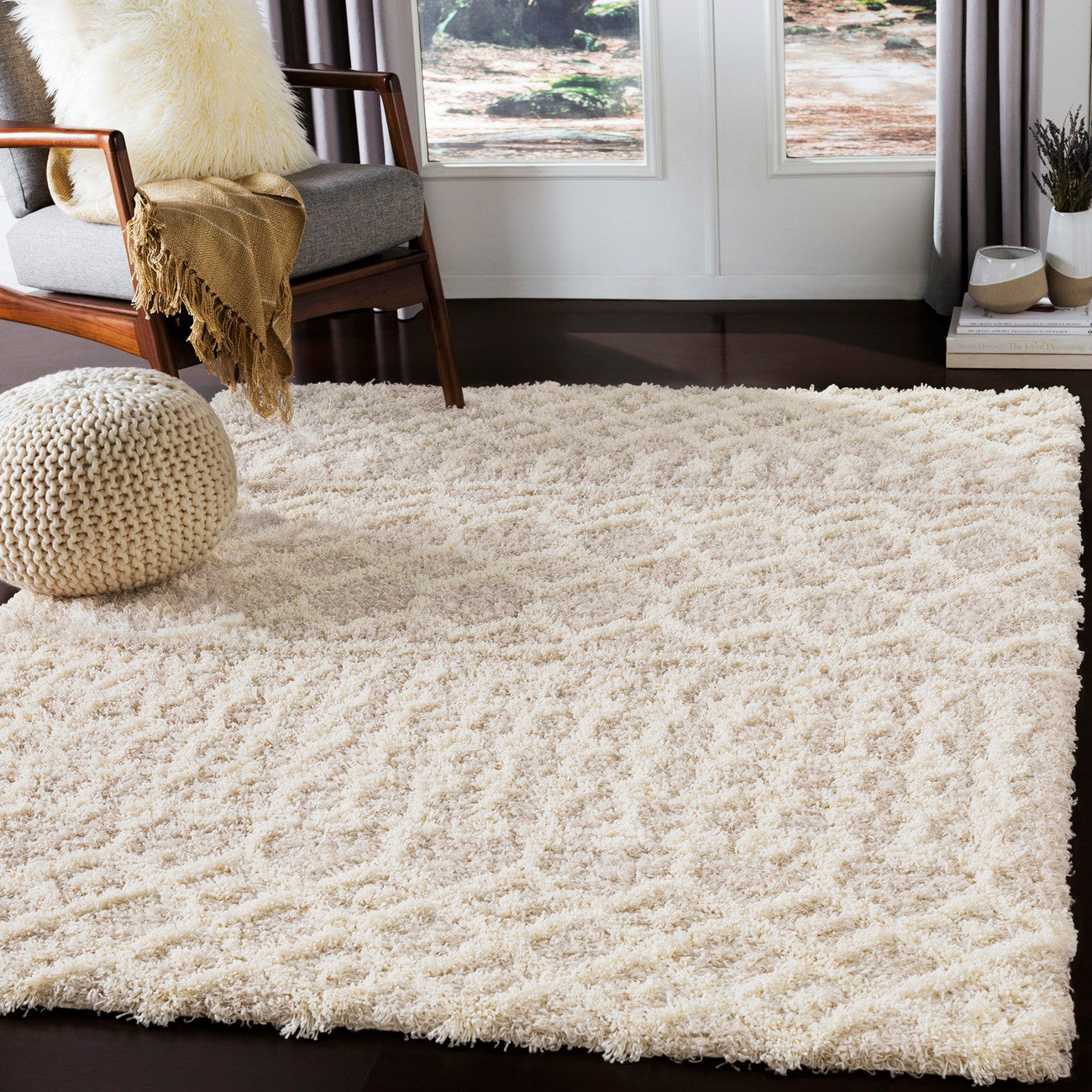 NOUR Shaggy Geometric Plush Pile Cream Beige Area Rug Roomscene