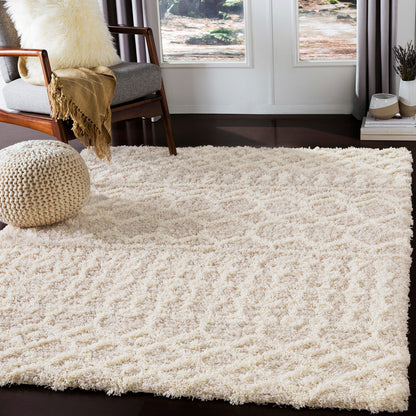 NOUR Shaggy Geometric Plush Pile Cream Beige Area Rug Roomscene