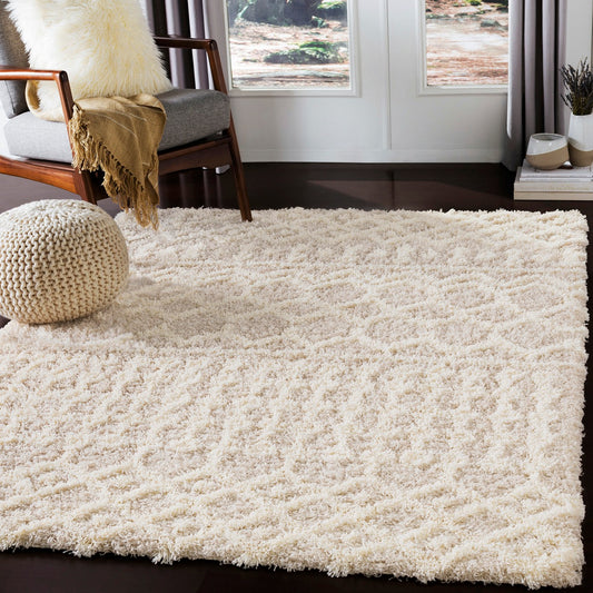 NOUR Shaggy Geometric Plush Pile Cream Beige Area Rug Roomscene