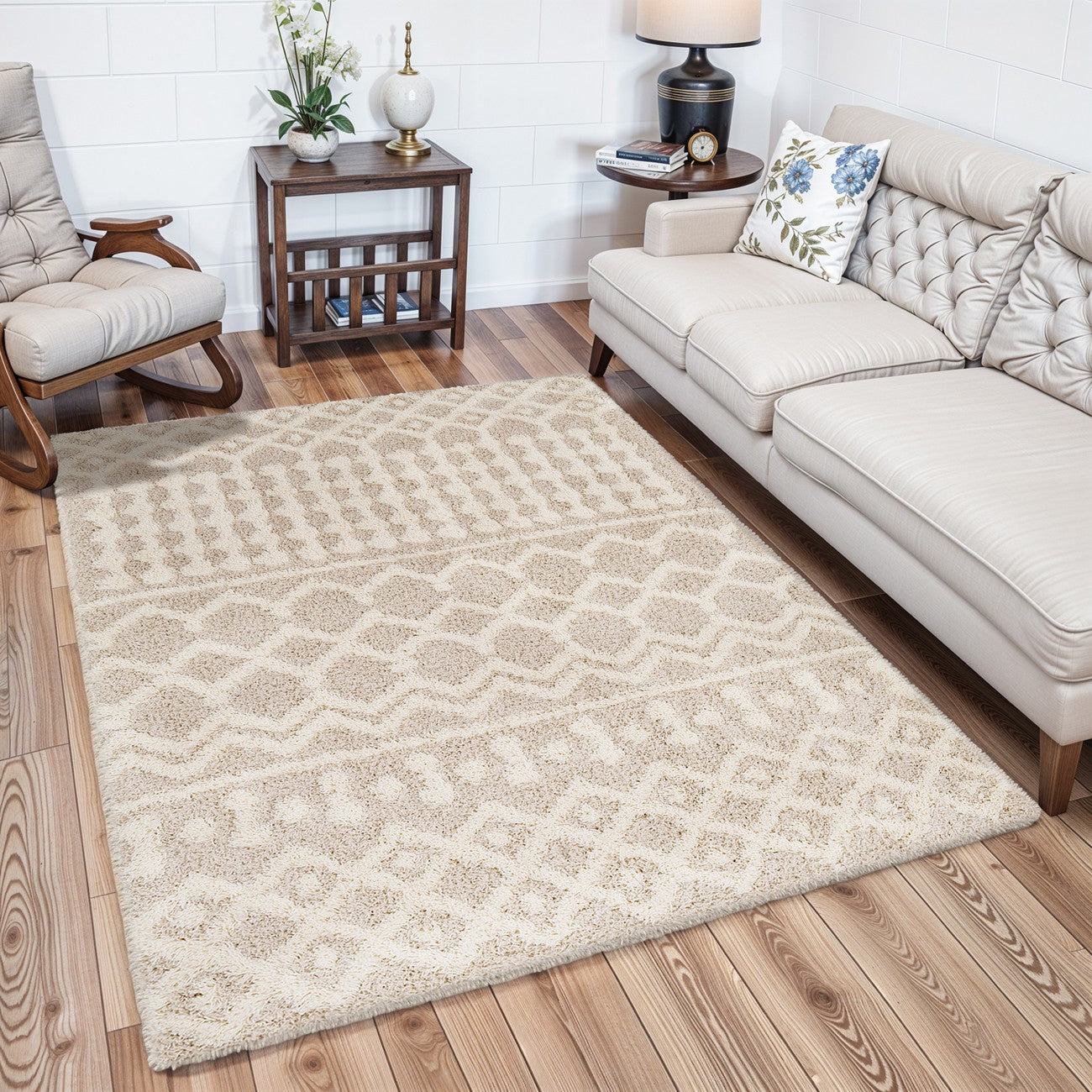 NOUR Shaggy Geometric Plush Pile Cream Beige Area Rug Roomscene