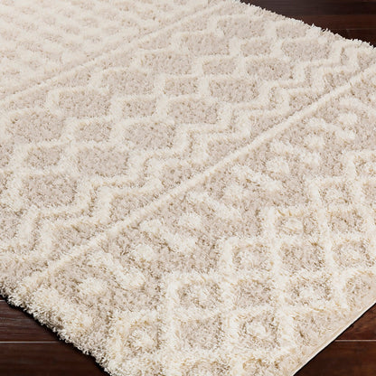 NOUR Shaggy Geometric Plush Pile Cream Beige Area Rug Corner