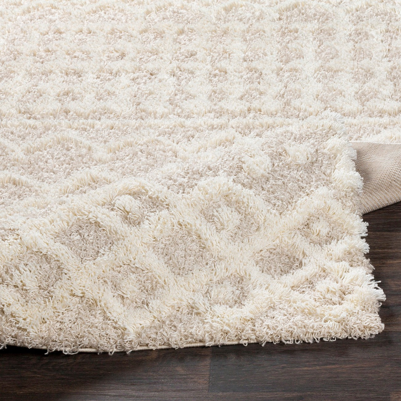 NOUR Shaggy Geometric Plush Pile Cream Beige Area Rug Fold