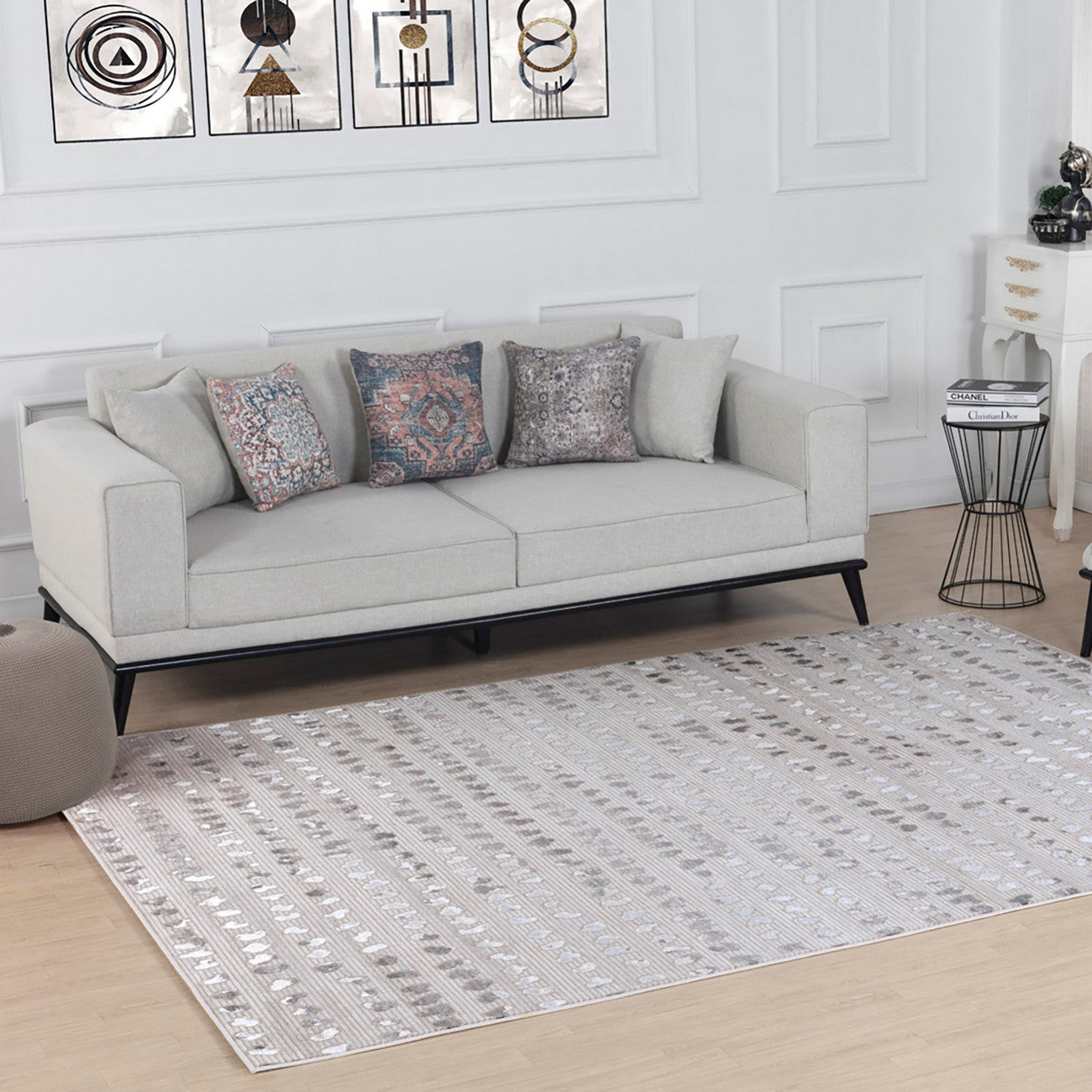 VALKIRIA Scandi Modern Beige/White Polka Dot Area Rug Roomscene