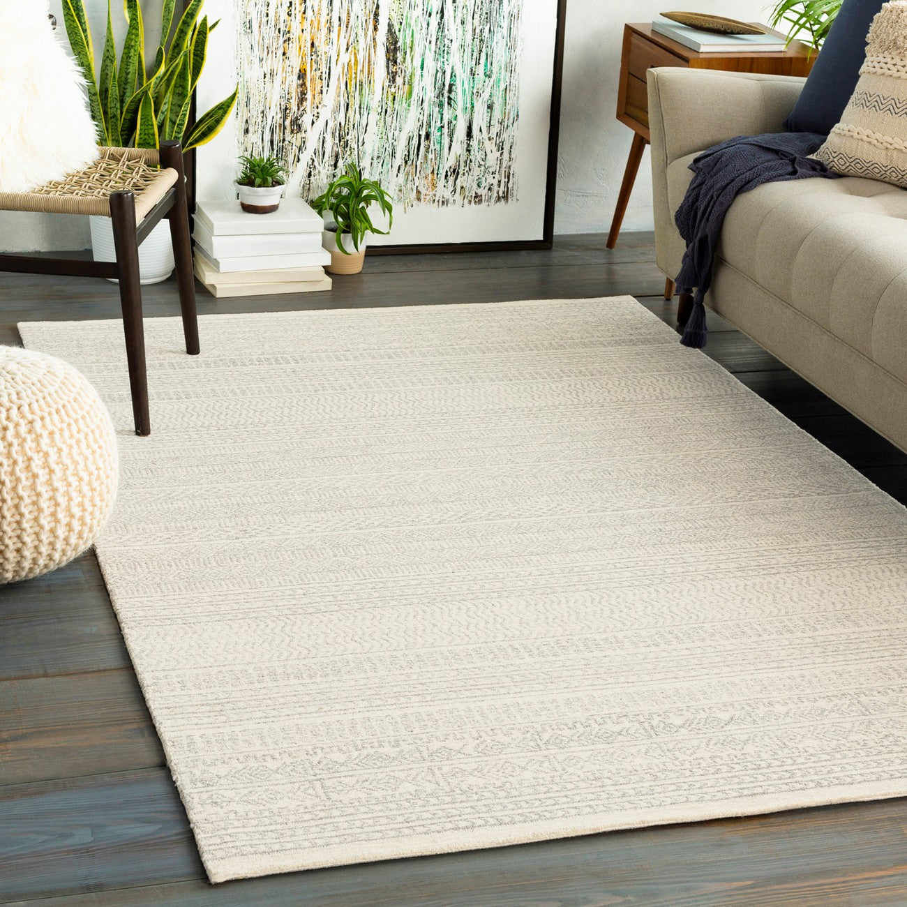 VANIYA Hand-Tufted Global Wool Grey Area Rug Roomscene