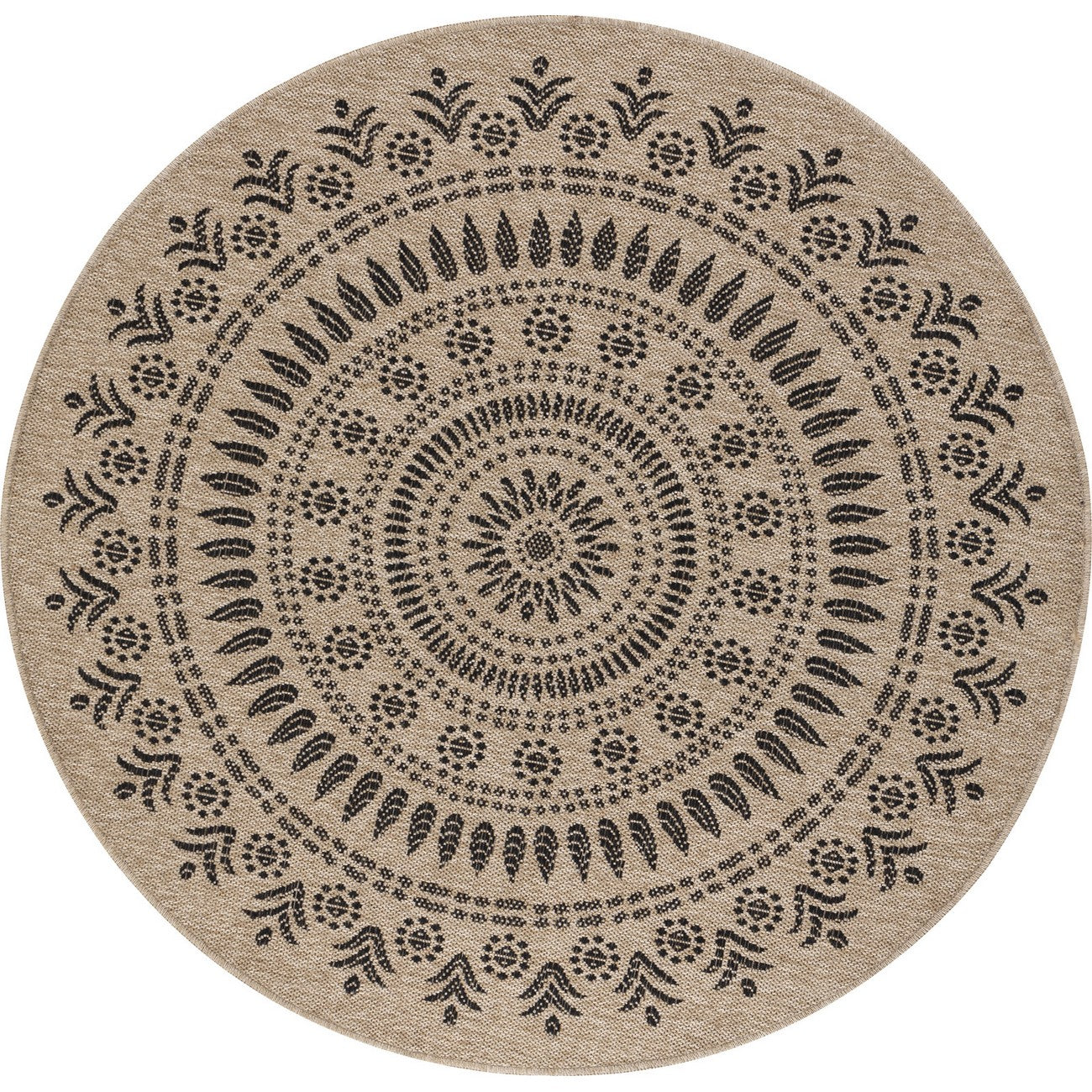 VERA Round Indoor & Outdoor Cottage Jute-Look Beige/Black Area Rug Flat