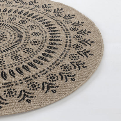 VERA Round Indoor & Outdoor Cottage Jute-Look Beige/Black Area Rug Corner