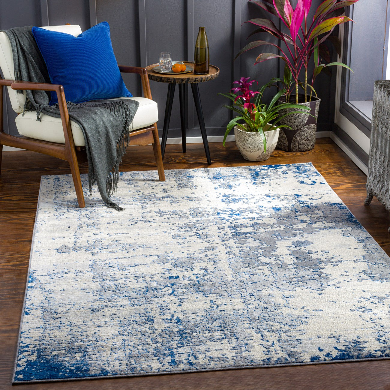 VICTOIRE Abstract Modern Marble Dark Blue Area Rug Roomscene
