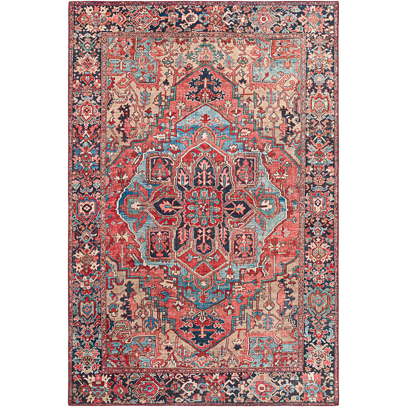 VIORRICA Vintage Oriental Boho Bright Red/Navy/Wheat/Ice Blue/Grass Area Rug Flat