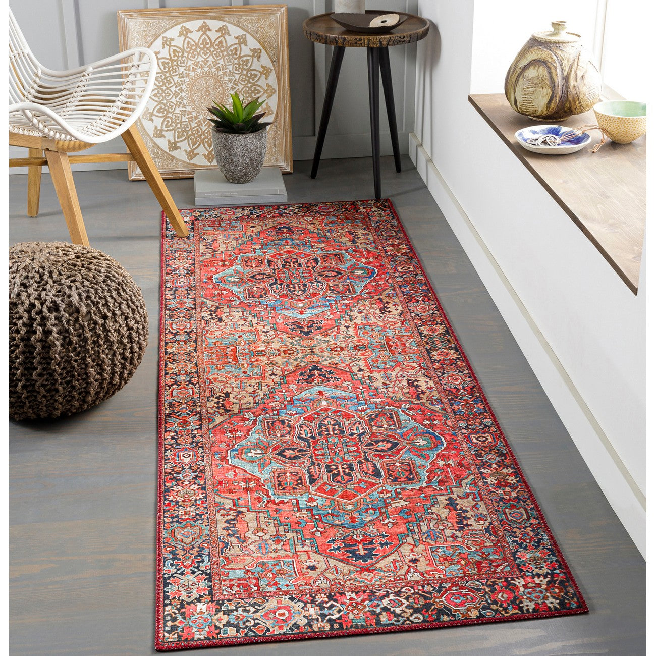 VIORRICA Vintage Oriental Boho Bright Red/Navy/Wheat/Ice Blue/Grass Area Rug Roomscene