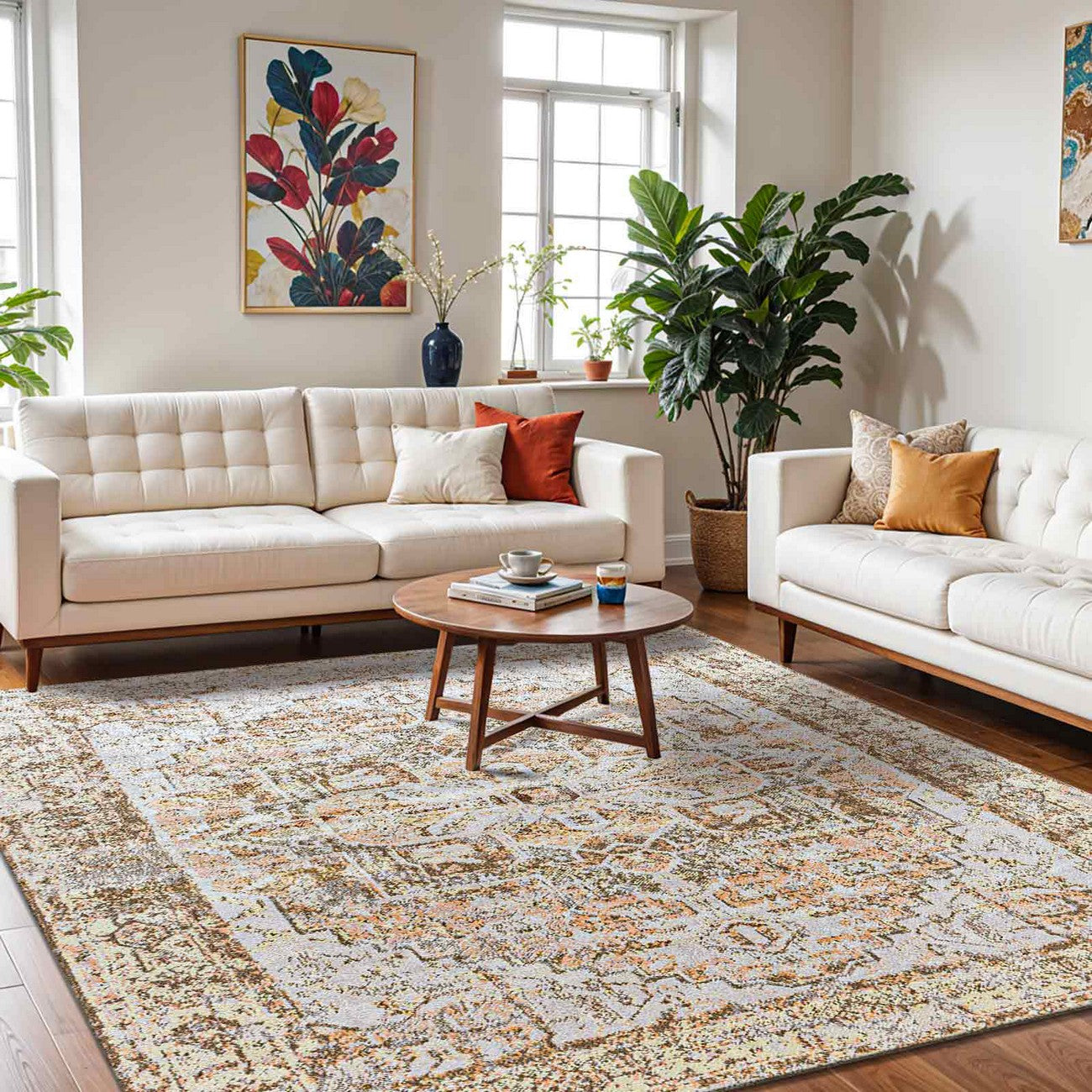 VIVIAN RIDGE Machine Washable Traditional Boho Clay/Dark Brown Area Rug Roomscene