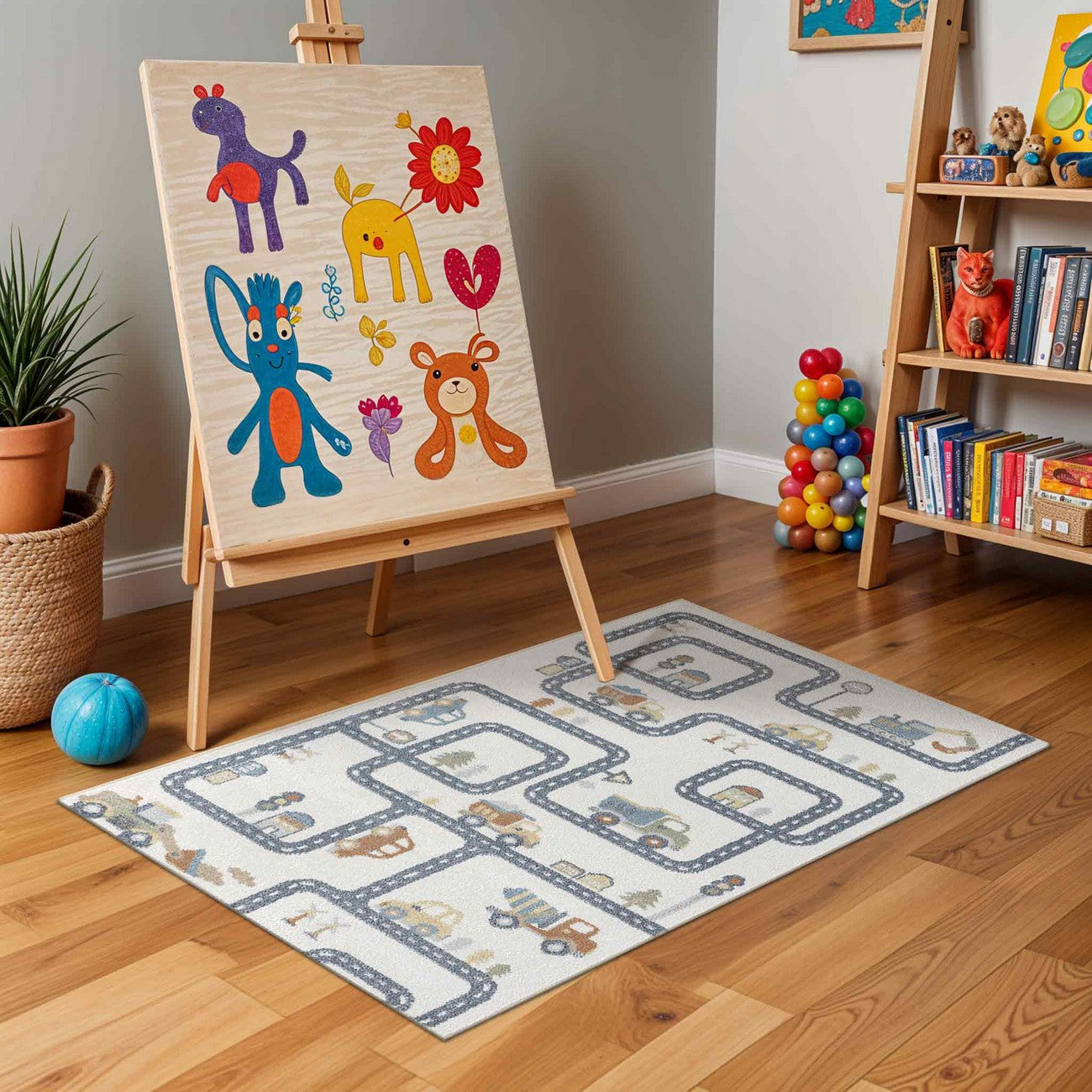 VROOMVILLE City Road Rug - Machine Washable Beige/Grey Kids Room Rug Roomscene