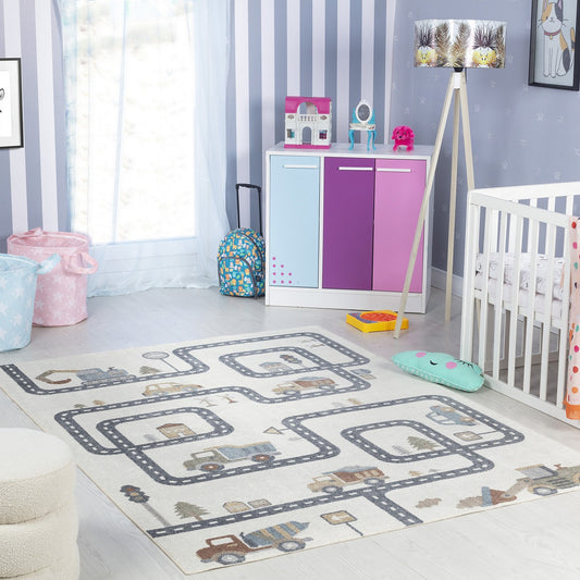 VROOMVILLE City Road Rug - Machine Washable Beige/Grey Kids Room Rug Roomscene