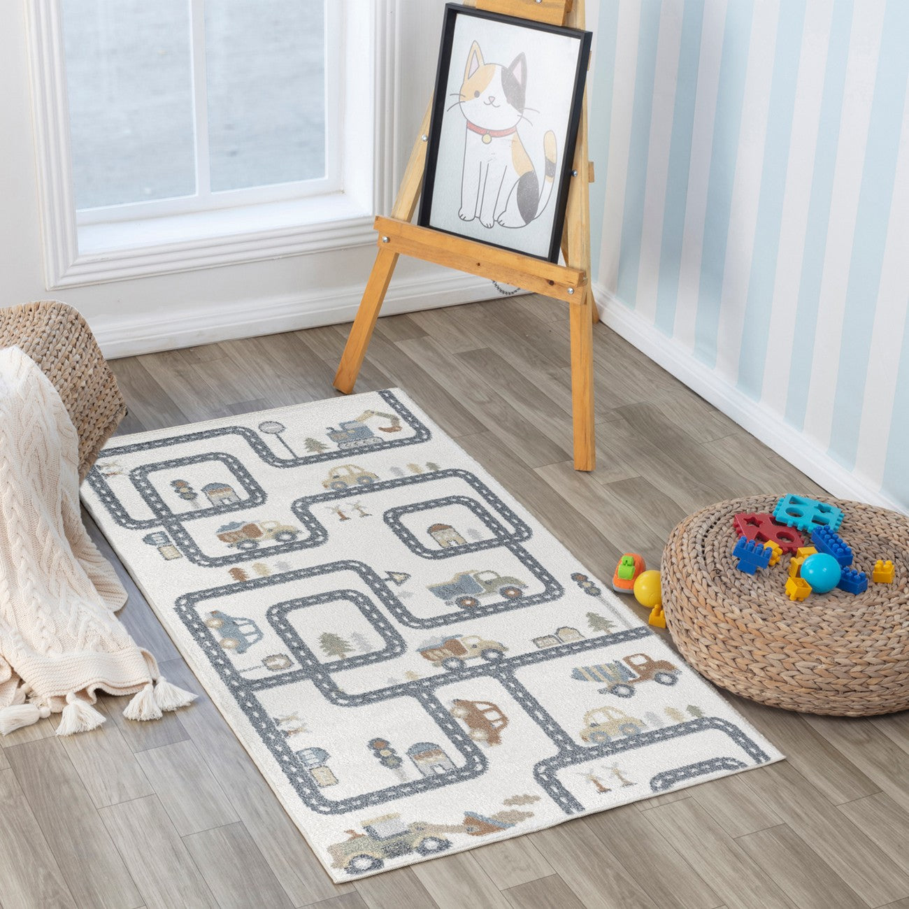 VROOMVILLE City Road Rug - Machine Washable Beige/Grey Kids Room Rug Roomscene