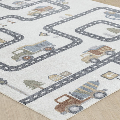 VROOMVILLE City Road Rug - Machine Washable Beige/Grey Kids Room Rug Corner