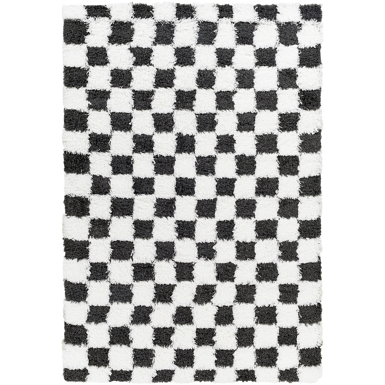 WILLA Shaggy Modern Plush Pile Black Checkered Area Rug Flat