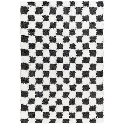 WILLA Shaggy Modern Plush Pile Black Checkered Area Rug Flat