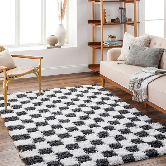 WILLA Shaggy Modern Plush Pile Black Checkered Area Rug Roomscene