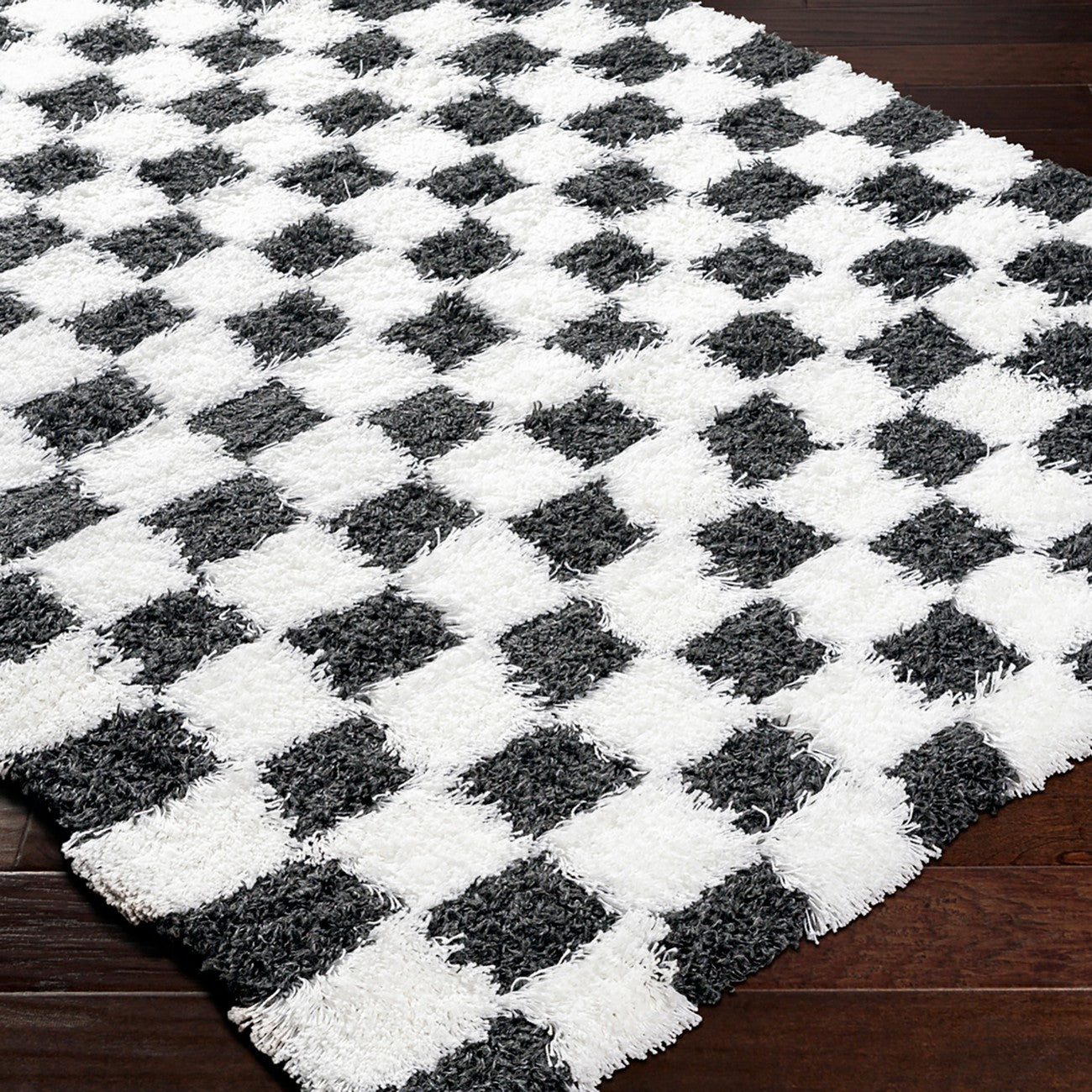 WILLA Shaggy Modern Plush Pile Black Checkered Area Rug Corner