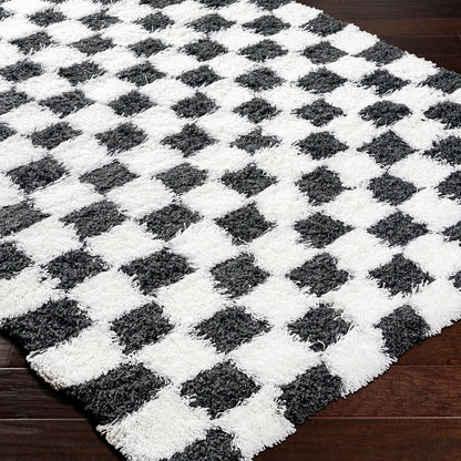 WILLA Shaggy Modern Plush Pile Black Checkered Area Rug Corner