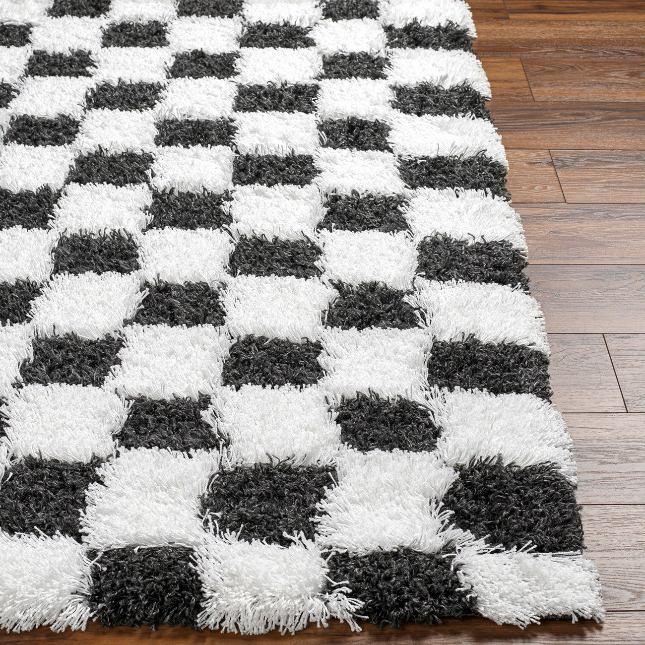 WILLA Shaggy Modern Plush Pile Black Checkered Area Rug Front