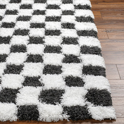 WILLA Shaggy Modern Plush Pile Black Checkered Area Rug Front