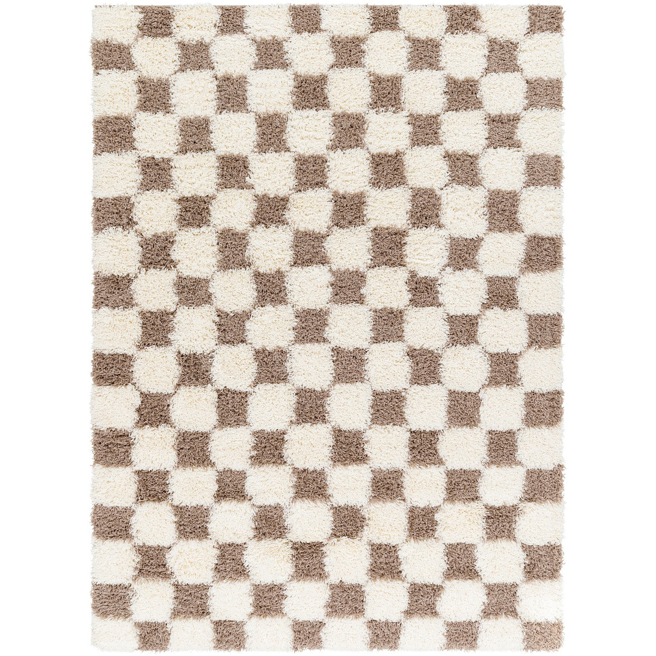 WILLA Shaggy Modern Plush Pile Brown Checkered Area Rug Flat