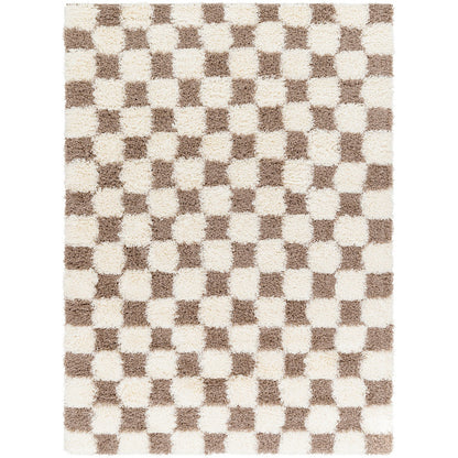 WILLA Shaggy Modern Plush Pile Brown Checkered Area Rug Flat