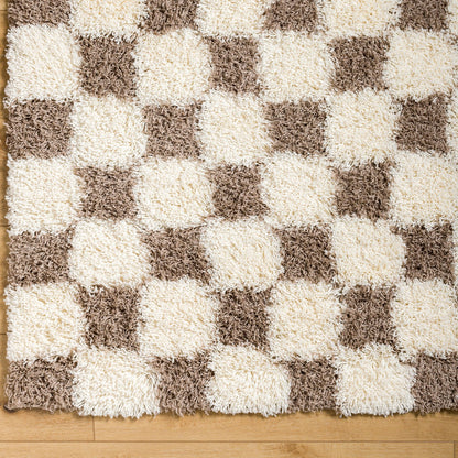WILLA Shaggy Modern Plush Pile Brown Checkered Area Rug Overhead