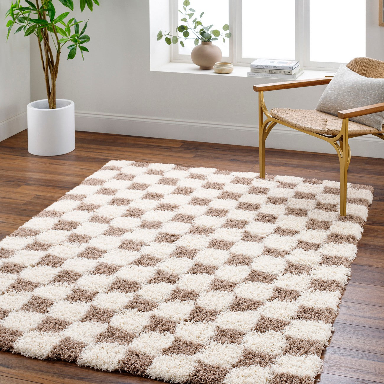 WILLA Shaggy Modern Plush Pile Brown Checkered Area Rug Roomscene