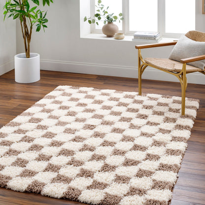 WILLA Shaggy Modern Plush Pile Brown Checkered Area Rug Roomscene
