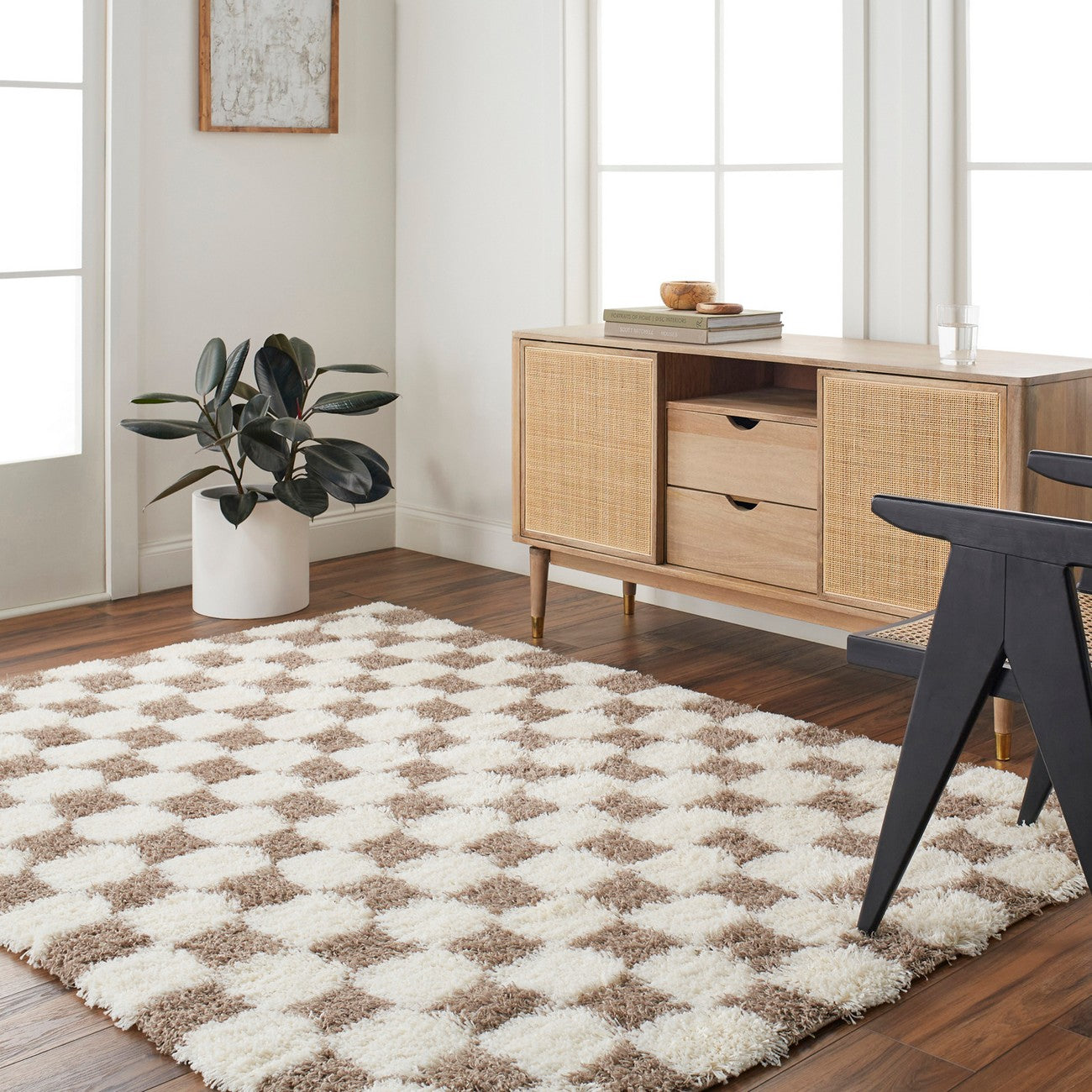 WILLA Shaggy Modern Plush Pile Brown Checkered Area Rug Roomscene