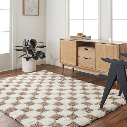 WILLA Shaggy Modern Plush Pile Brown Checkered Area Rug Roomscene