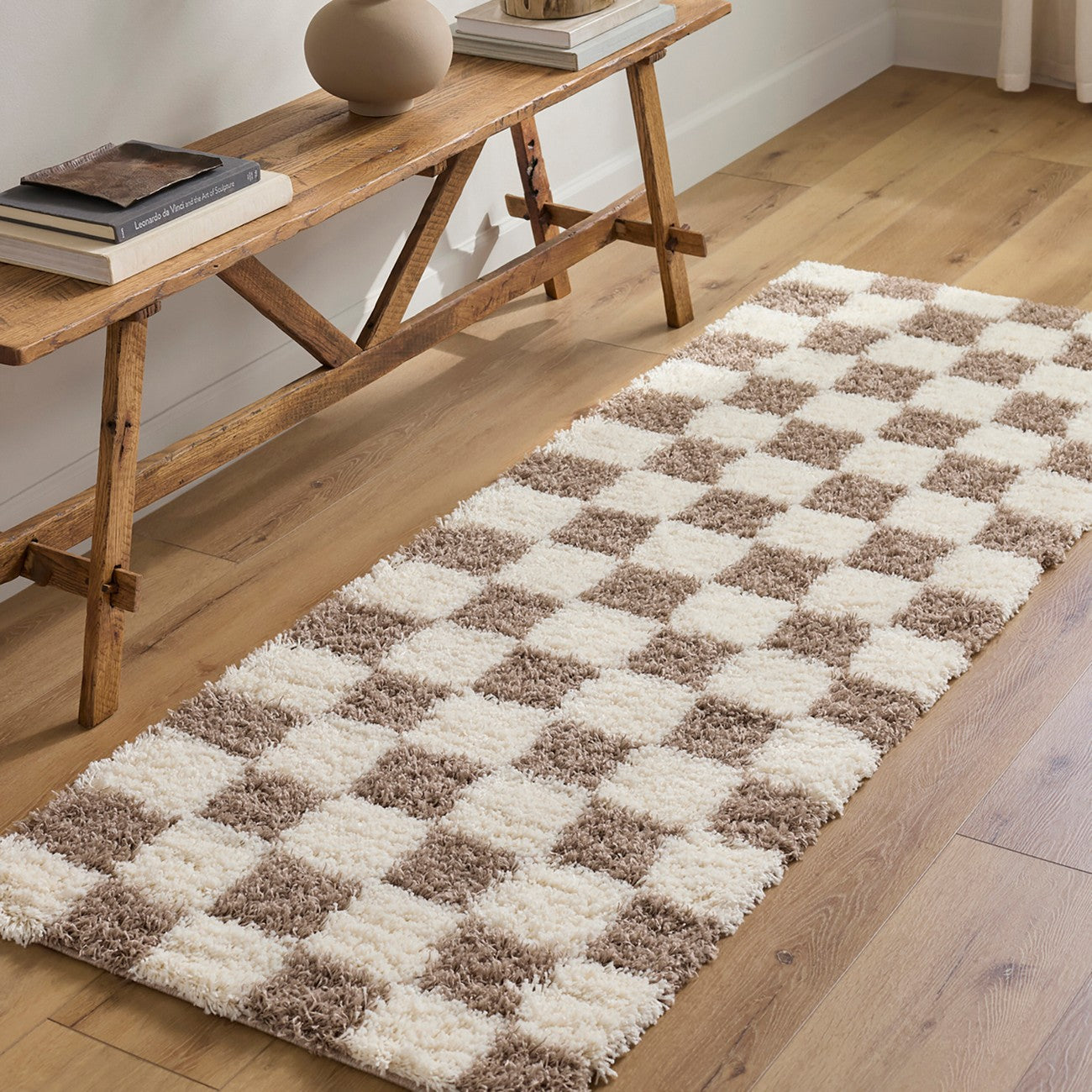 WILLA Shaggy Modern Plush Pile Brown Checkered Area Rug Roomscene